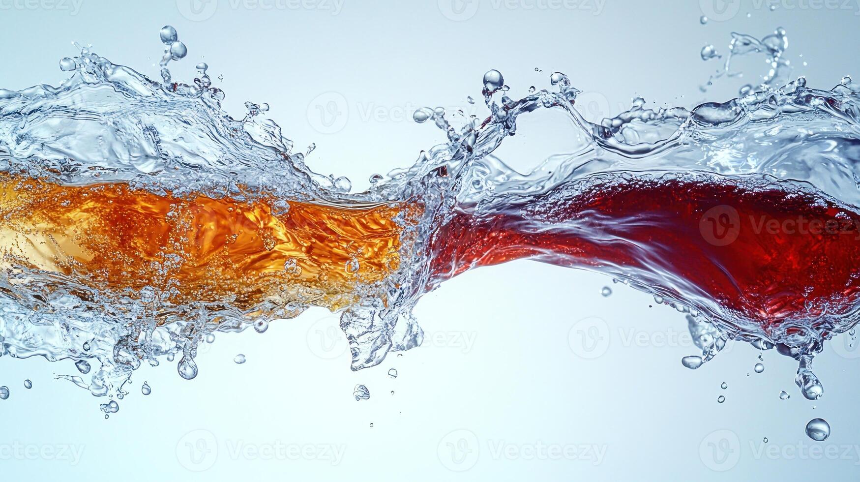A mesmerizing splash of orange and red liquids merges artistically in clear water photo