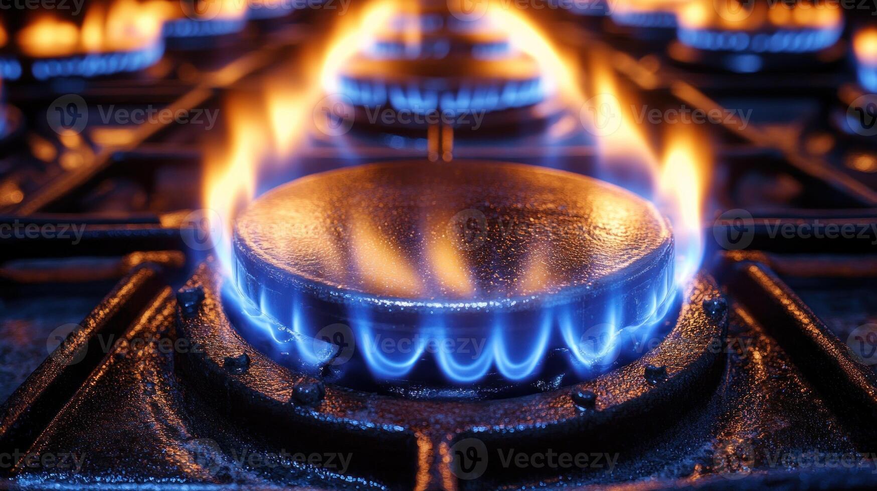 Flames dance on gas burners, filling the kitchen with vibrant colors as dinner cooks photo