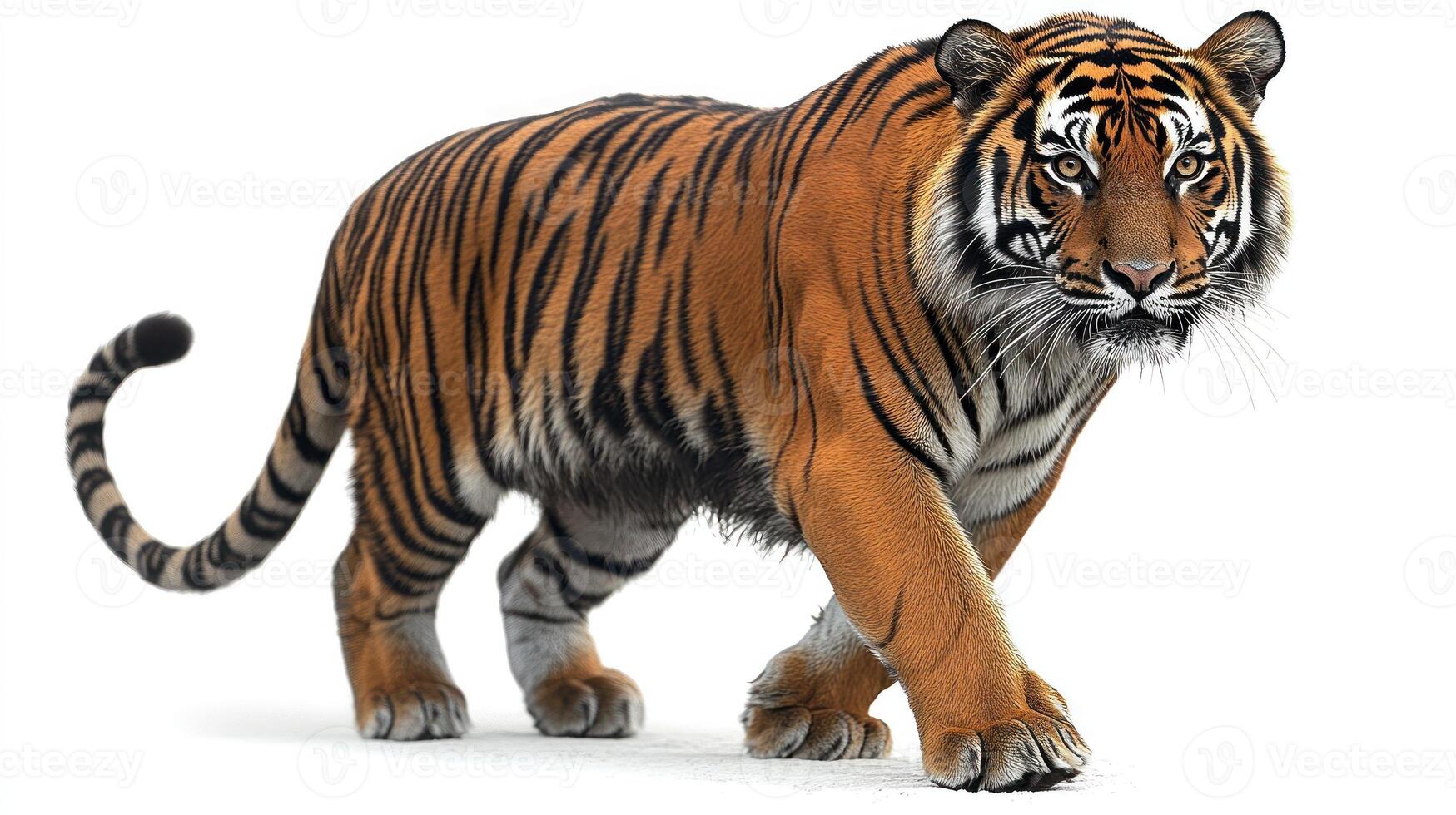 A vibrant tiger confidently walks through lush greenery, embodying strength and grace photo