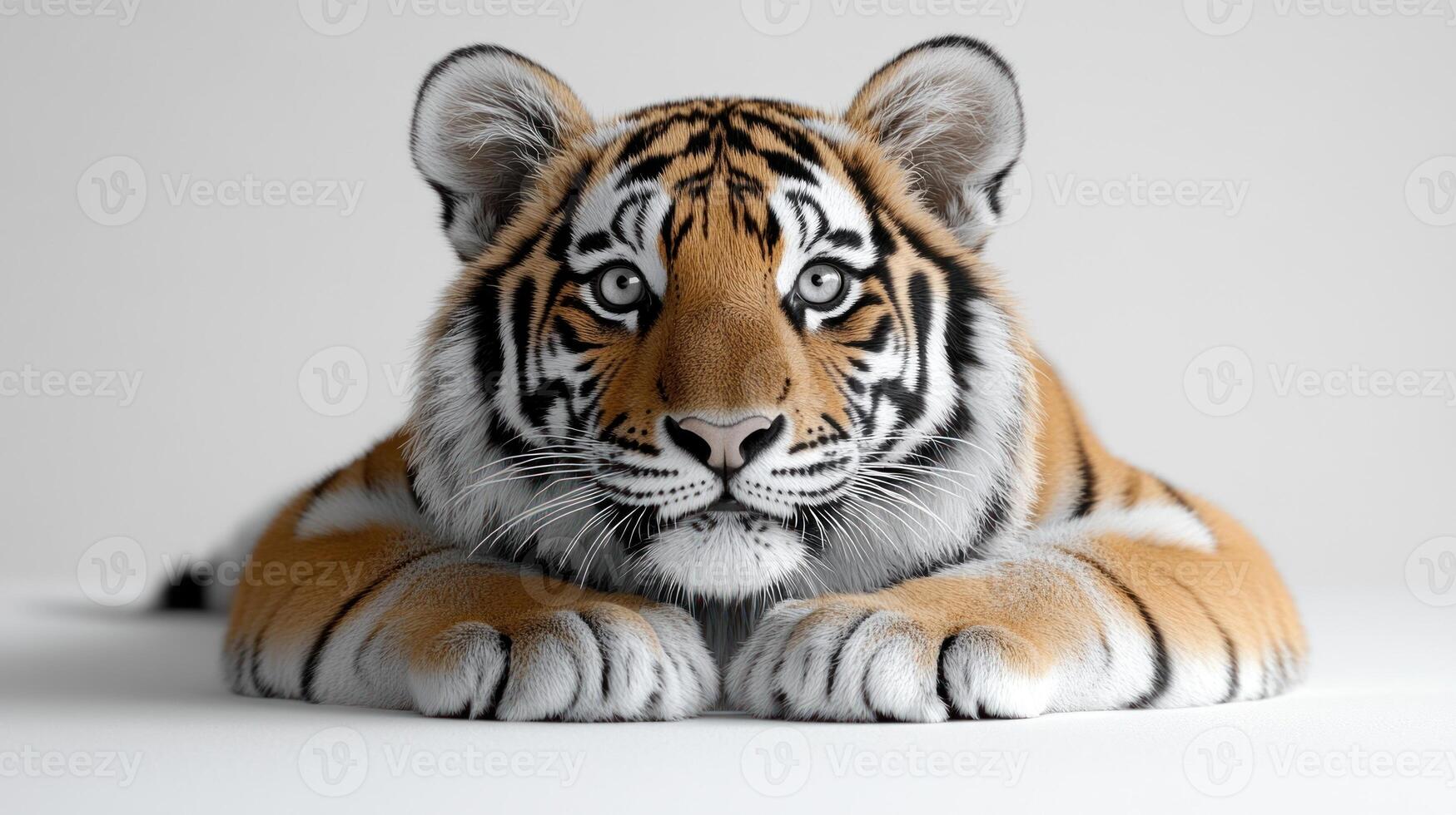 A Bengal tiger relaxes peacefully, displaying its striking fur and captivating gaze photo