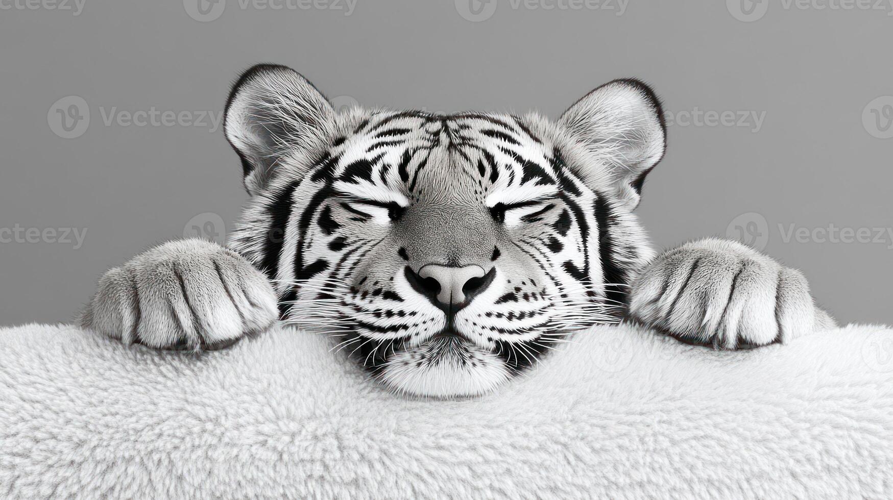 The majestic white tiger relaxes, enjoying the softness while resting peacefully photo