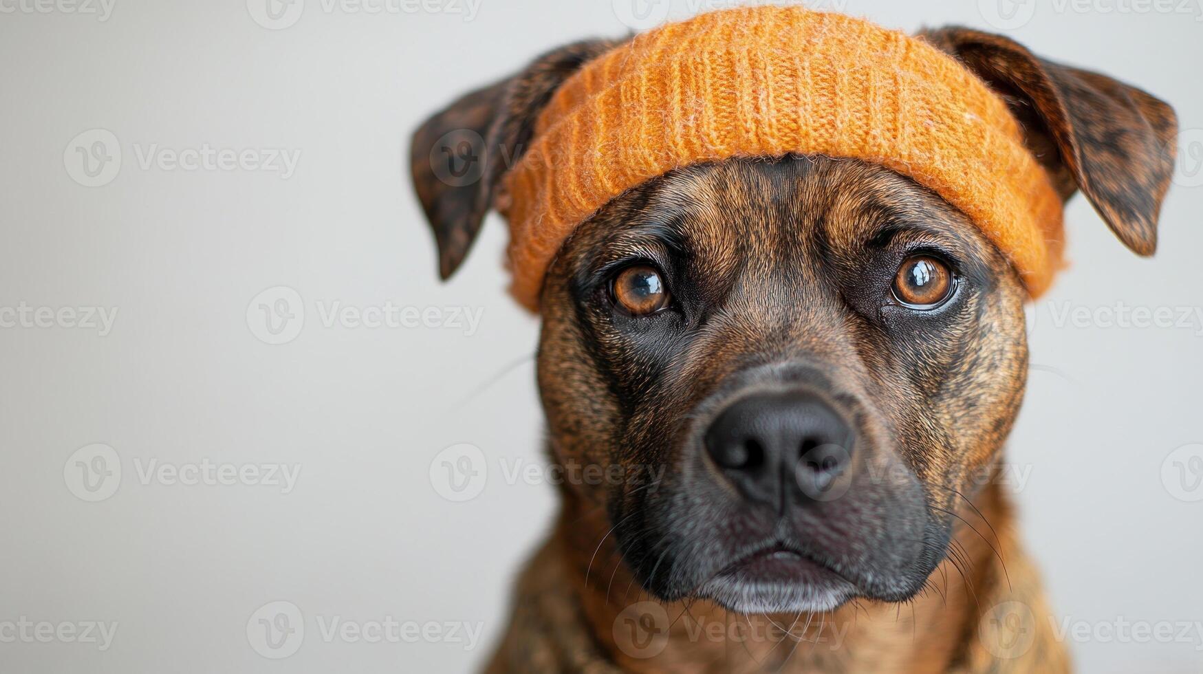 A charming dog in an orange hat captures attention with its expressive gaze photo