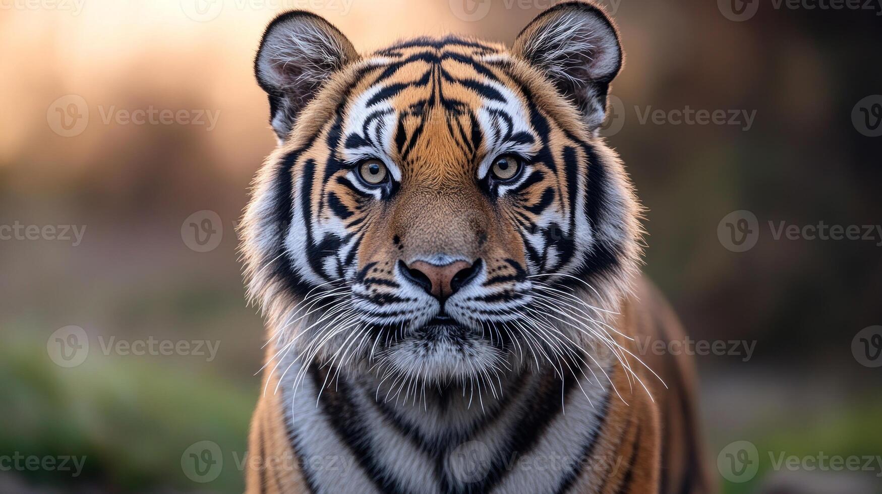 A powerful tiger focuses intently, illuminated by the soft glow of evening light photo