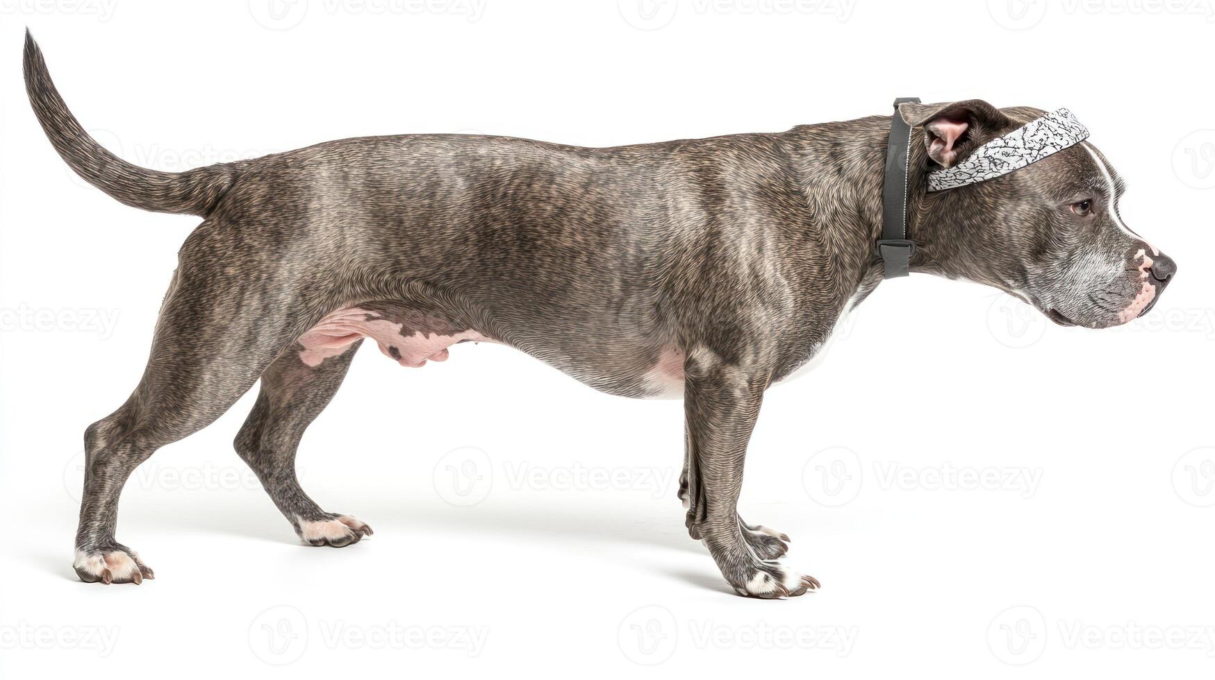 A cheerful dog stands confidently, displaying its unique headband and charming demeanor photo