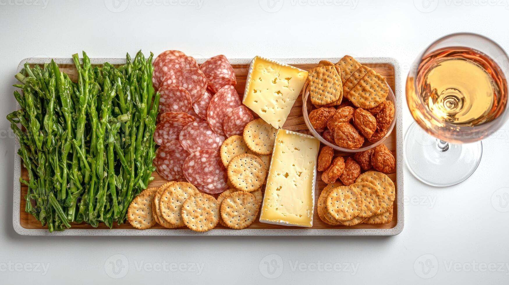 Fresh asparagus and an array of cured meats and cheeses are beautifully arranged photo