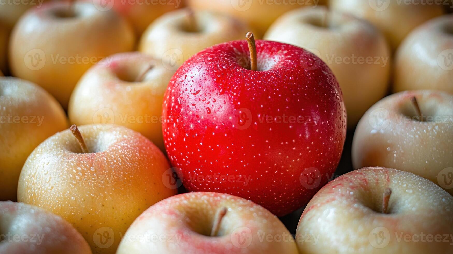 A single bright red apple catches the eye, surrounded by many pale companions photo