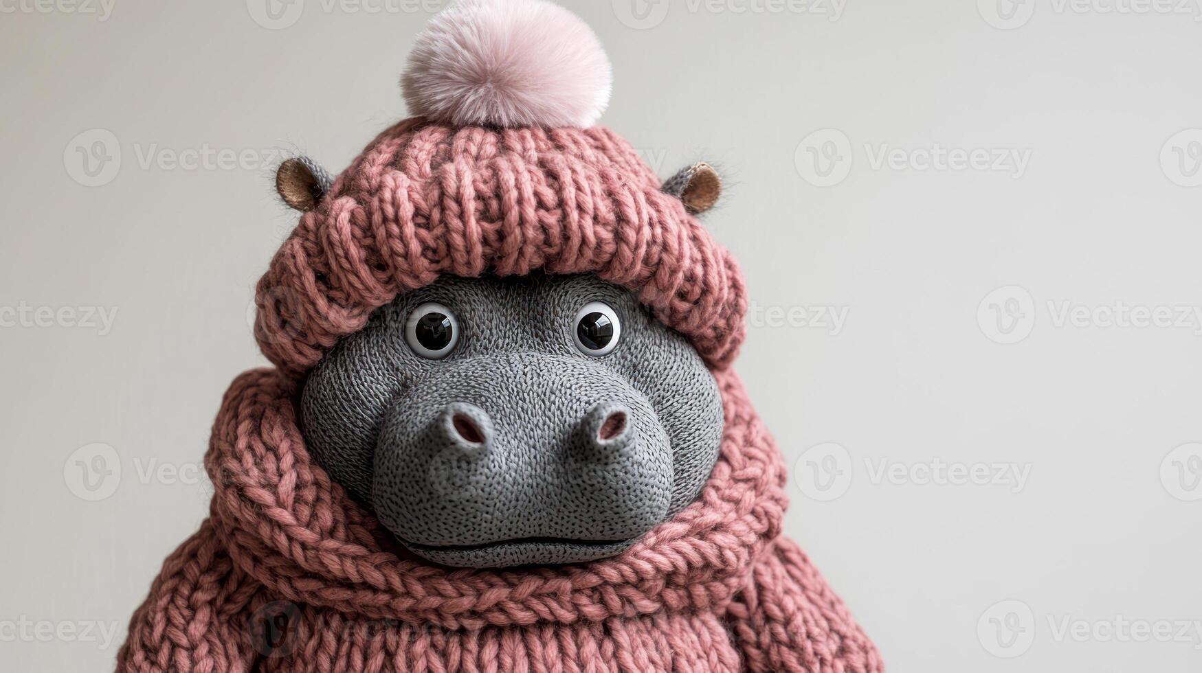 The adorable hippo sports a chunky pink knitted sweater, exuding warmth and charm photo