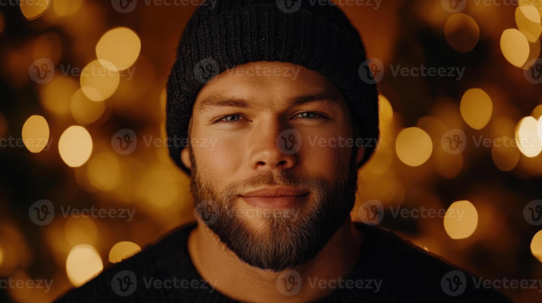 A joyful man in a beanie beams warmly, enveloped in twinkling holiday lights photo