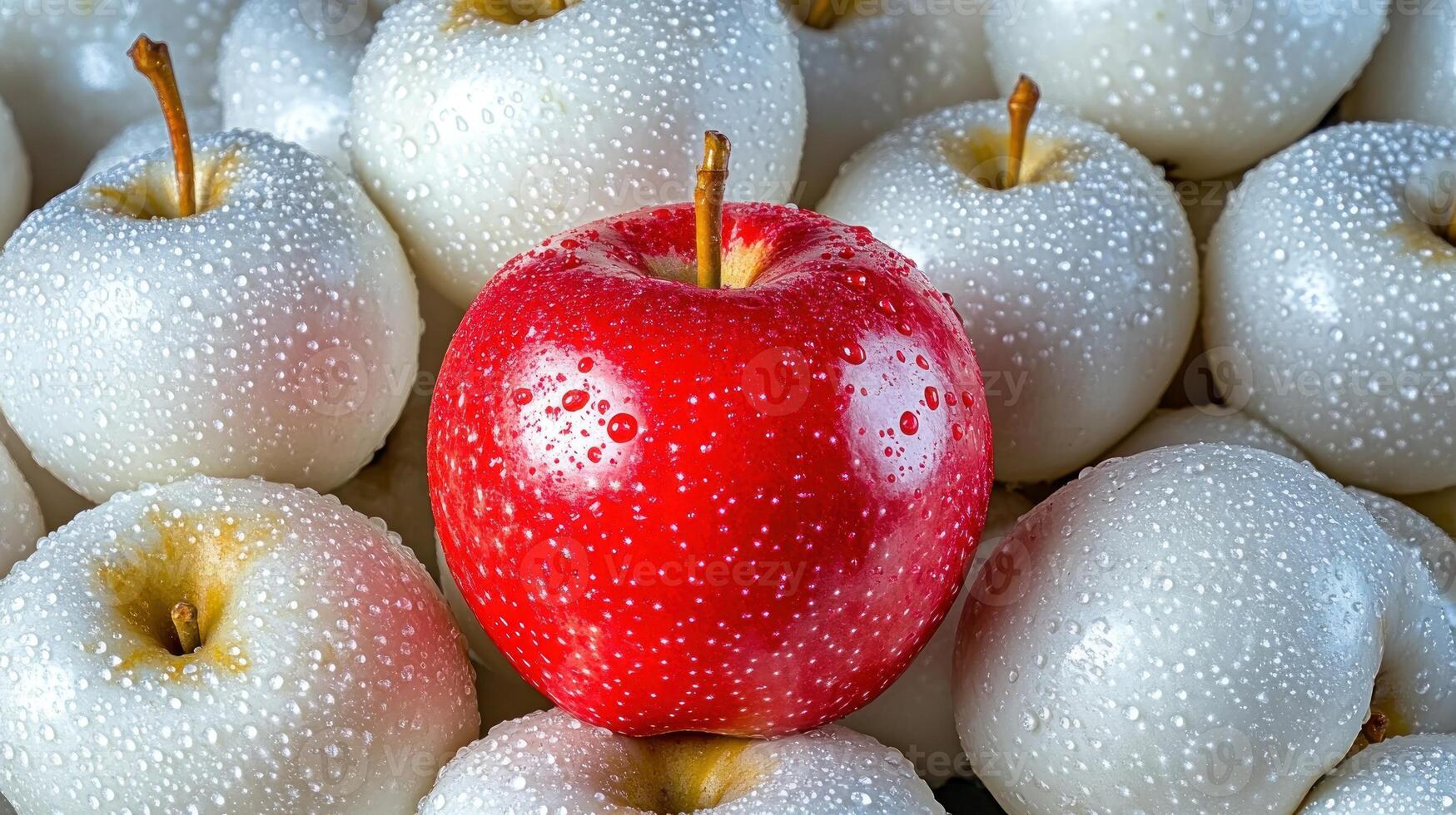 The vibrant red apple glistens amidst a sea of white apples adorned with droplets photo
