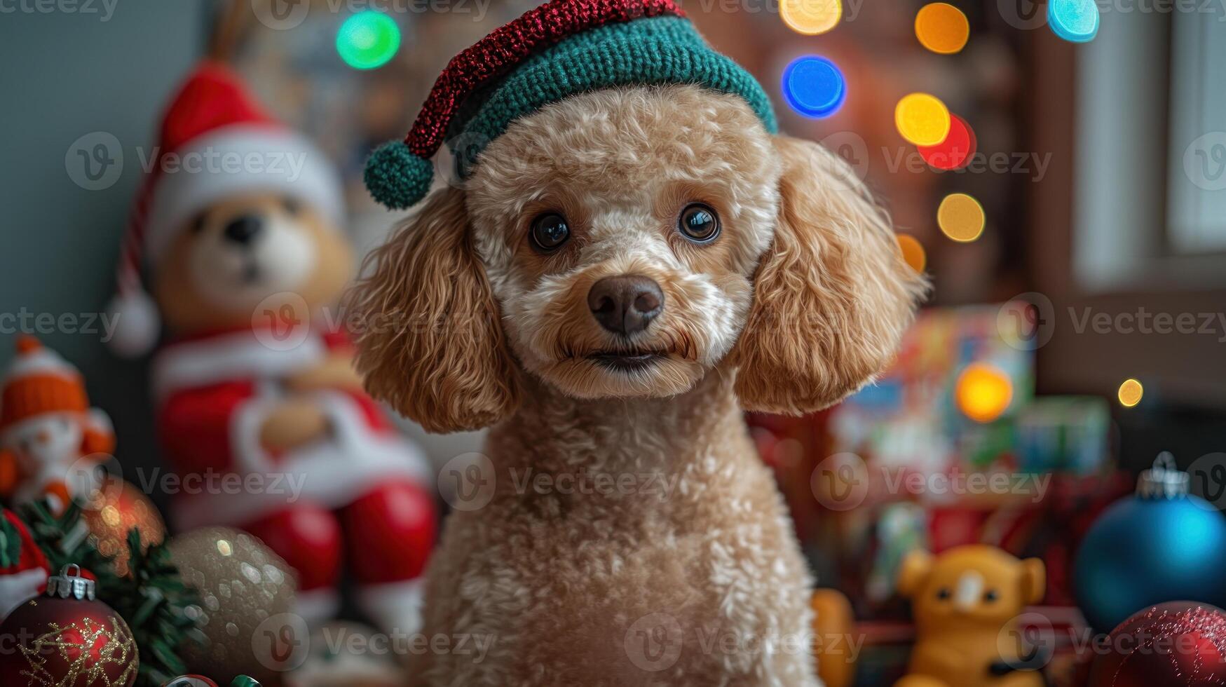 A cheerful poodle dons a festive hat while nestled among holiday decorations photo