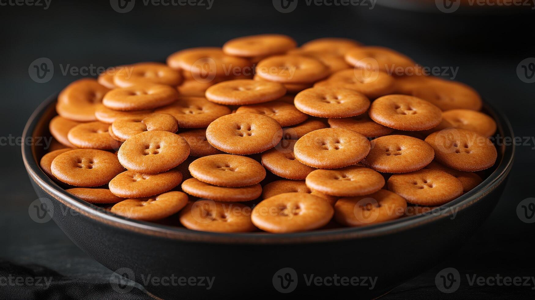 A black bowl filled with button-shaped cookies, golden brown and ready to enjoy photo