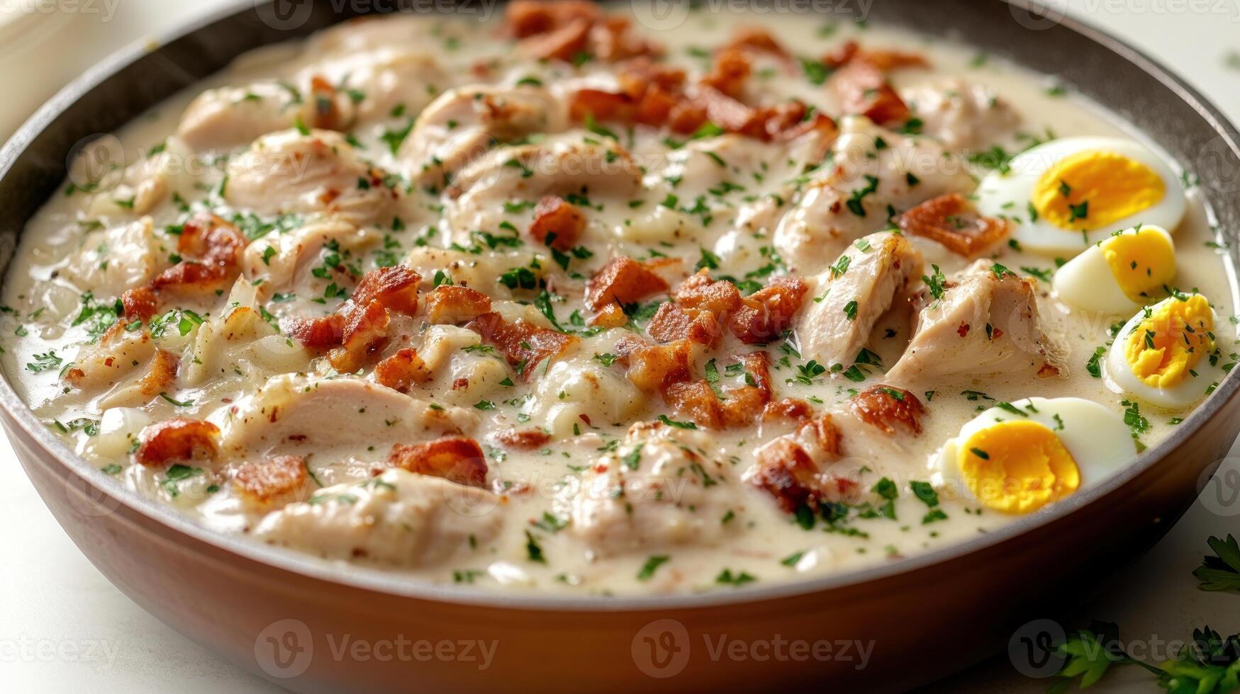 Tender chicken pieces in a creamy sauce with crispy bacon and sliced eggs to enjoy photo