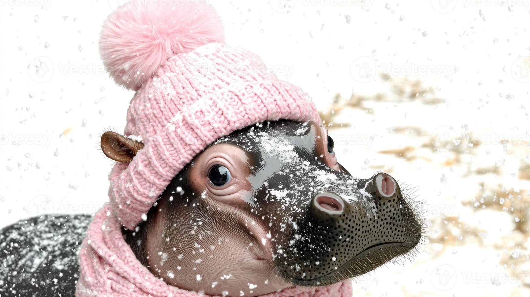 The hippo joyfully explores the winter landscape, covered in soft snowflakes photo