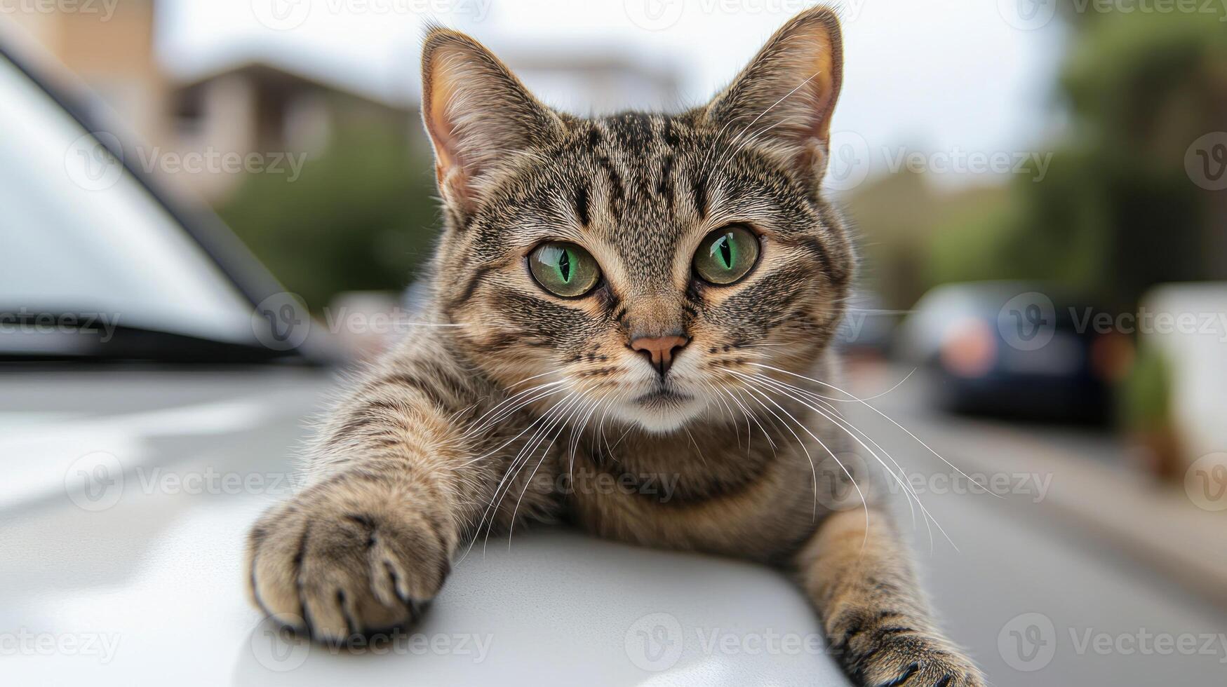 The playful tabby cat relaxes contently atop a car, soaking in the afternoon warmth photo