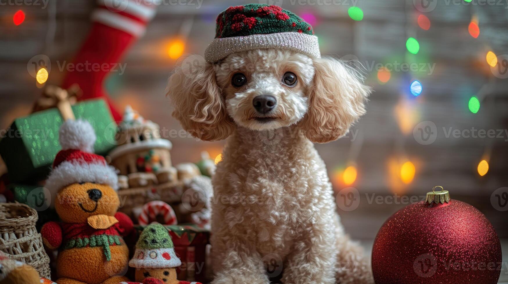A cute poodle dons a festive hat surrounded by joyful holiday decorations photo