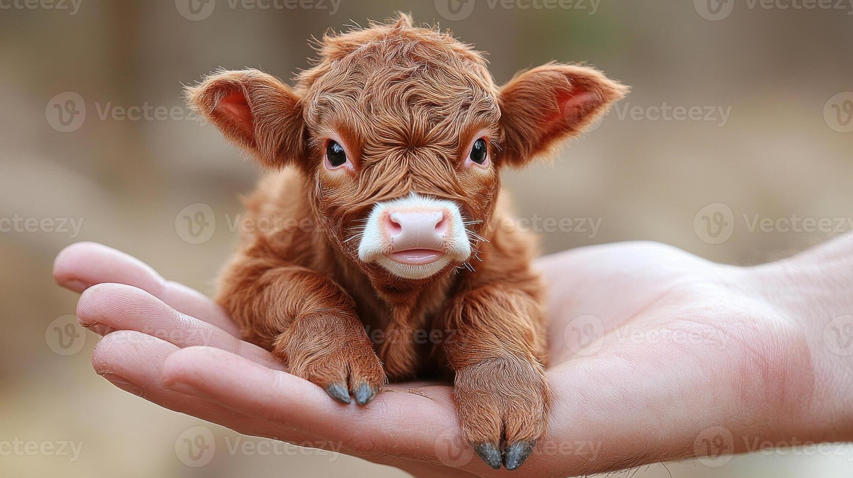 A small, adorable calf relaxes in a hand, bringing joy in a peaceful outdoor environment photo