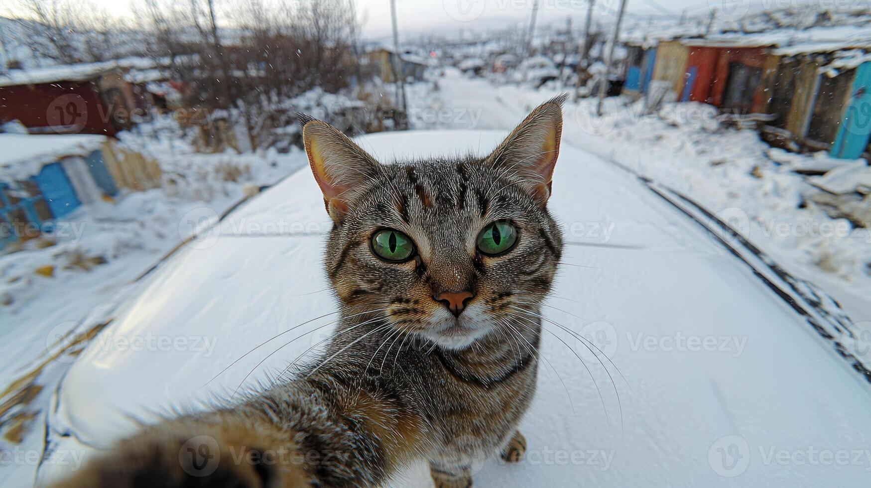 A lively feline curiously surveys its snowy surroundings on a chilly day photo