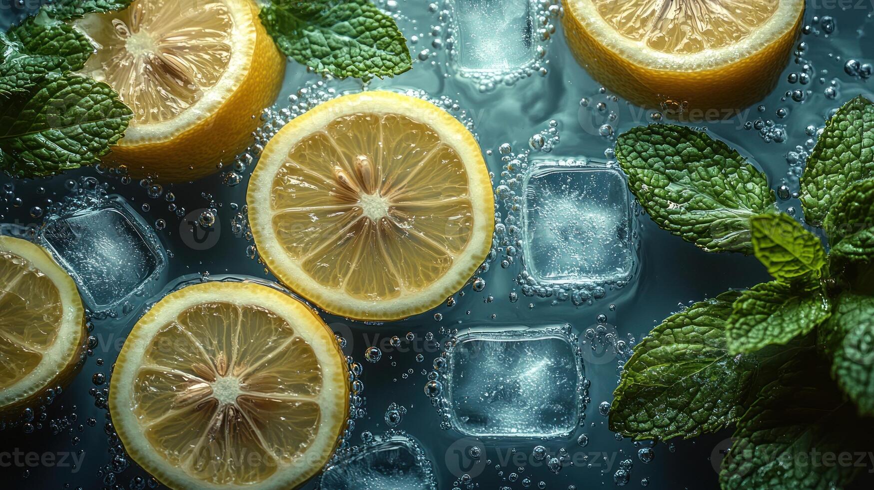 Slices of fresh lemon float among ice and mint in bubbly water, evoking summer vibes photo