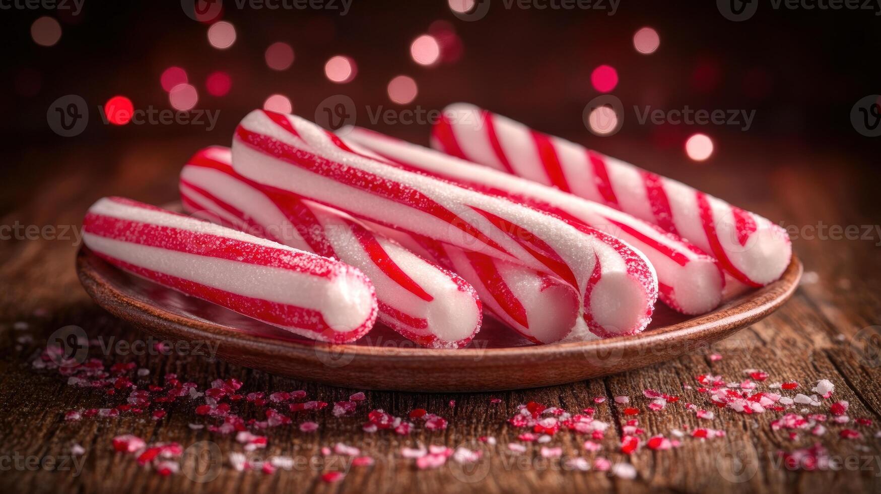 Candy canes rest elegantly on a wooden plate, capturing the holiday spirit photo