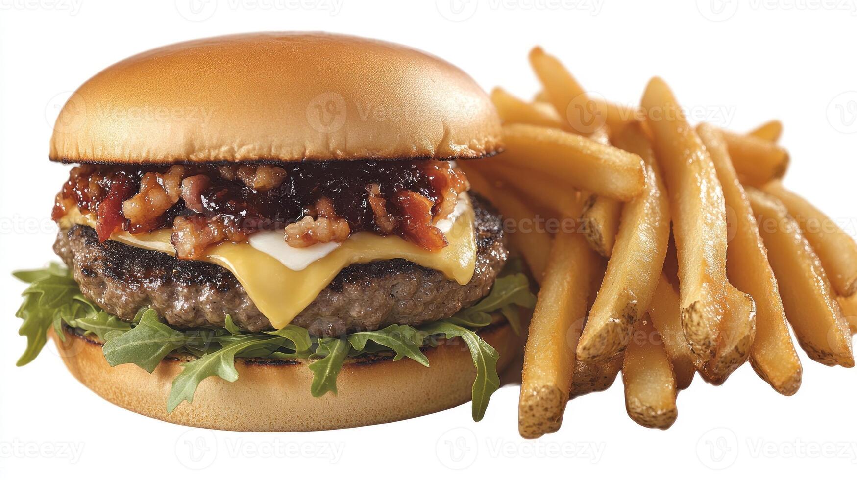Savor the mouthwatering flavors of a juicy cheeseburger with bacon and crispy fries photo