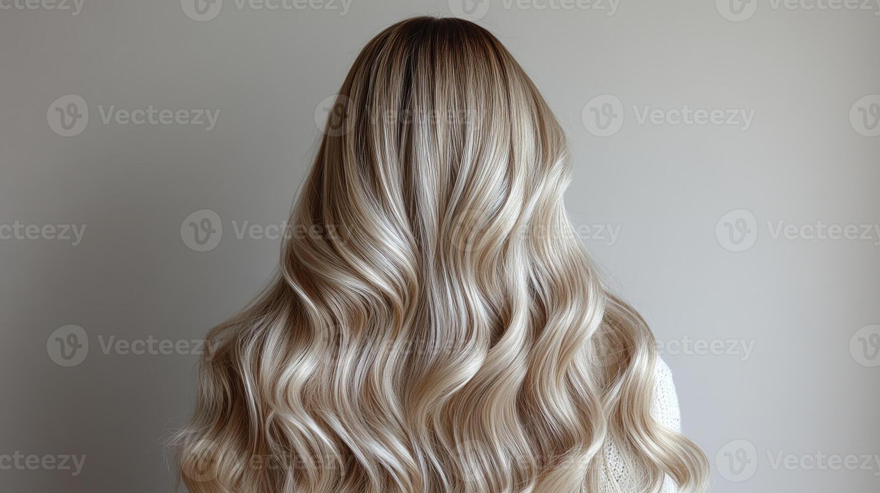 Beautiful wavy hair cascades down smoothly, creating an enchanting and elegant look photo