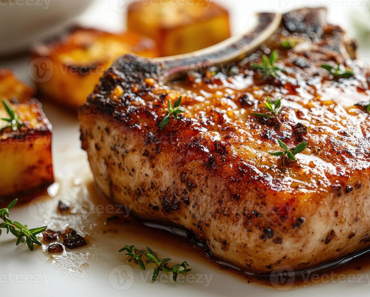 A perfectly grilled pork chop sits beside golden roasted sweet potato, enhanced by herbs photo
