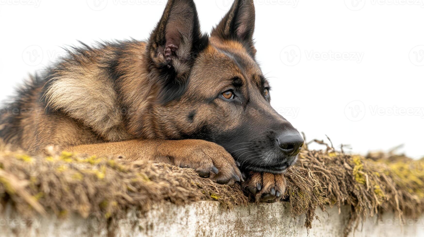 A German Shepherd rests its head on a weathered wooden fence, lost in thought photo