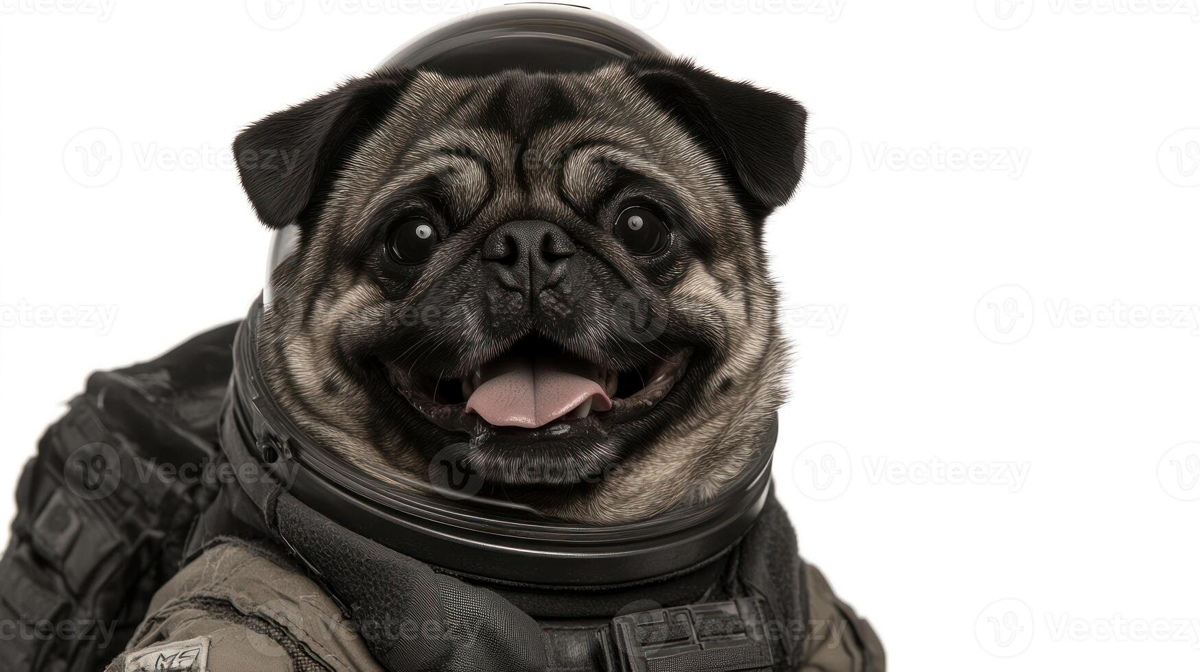 This adorable pug, dressed as an astronaut, exudes joy and curiosity, waiting for a space mission photo