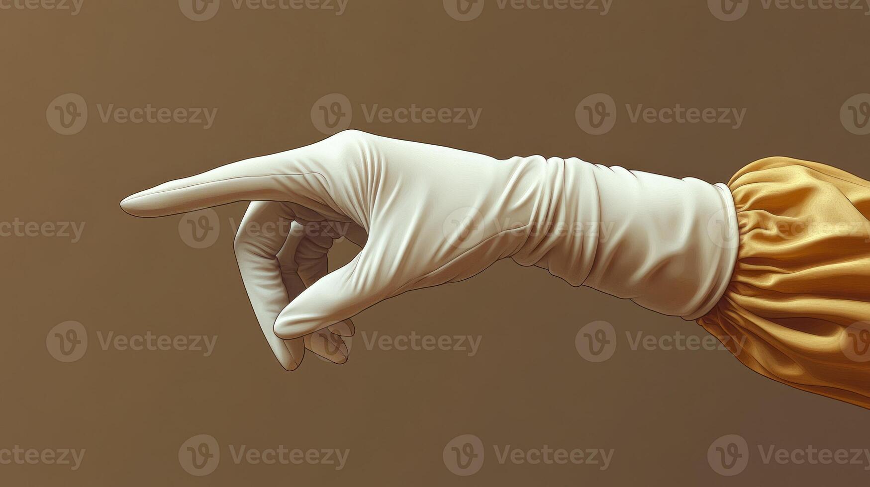 A gloved hand extends elegantly, pointing to an unseen spot in a warm backdrop photo