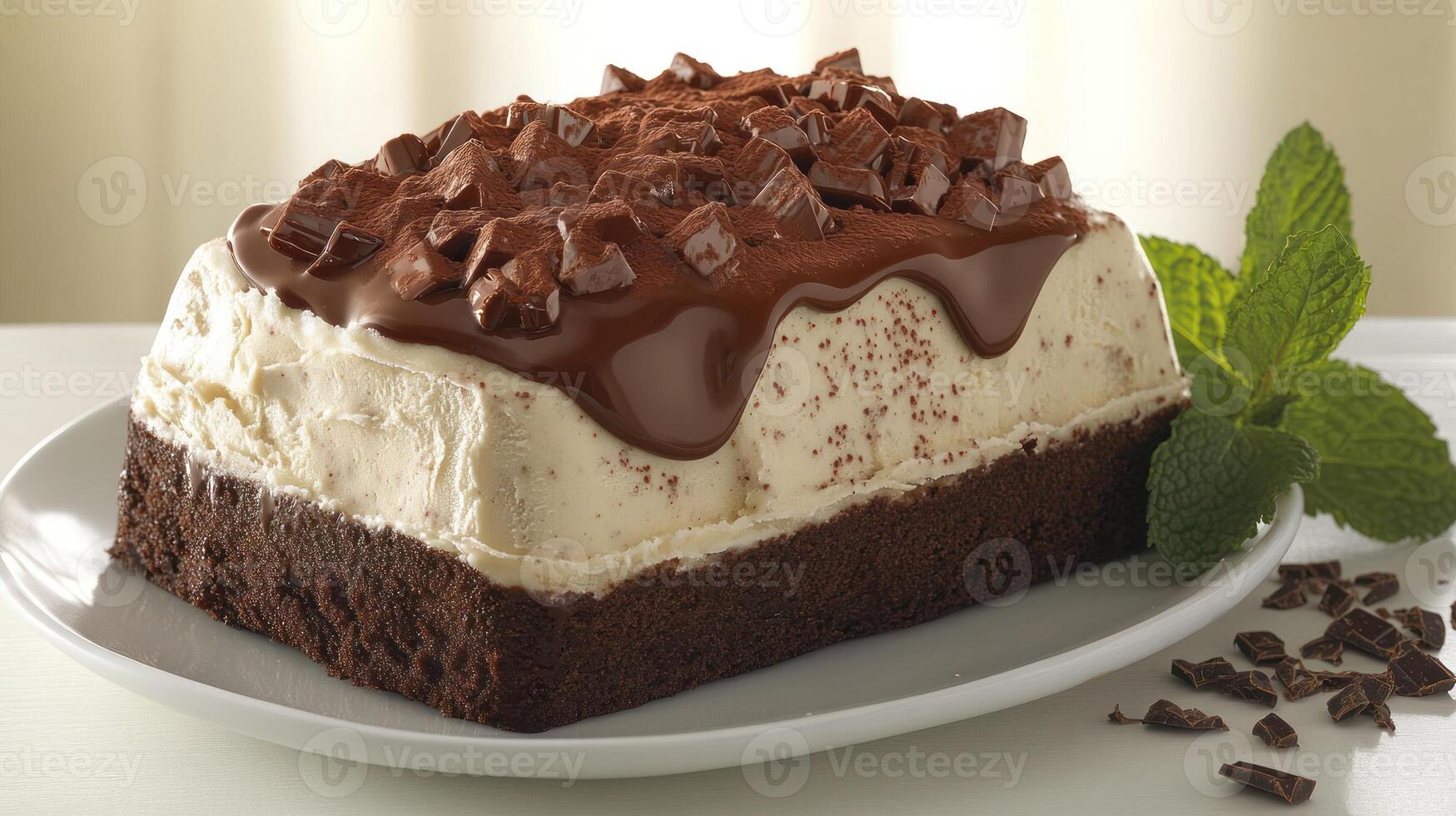 A tempting treat features layers of creamy chocolate and mint on a rich brownie base photo
