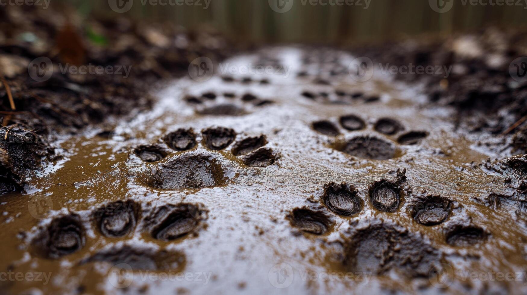 Animal tracks are visible in the muddy ground, revealing life in the tranquil woods after rain photo
