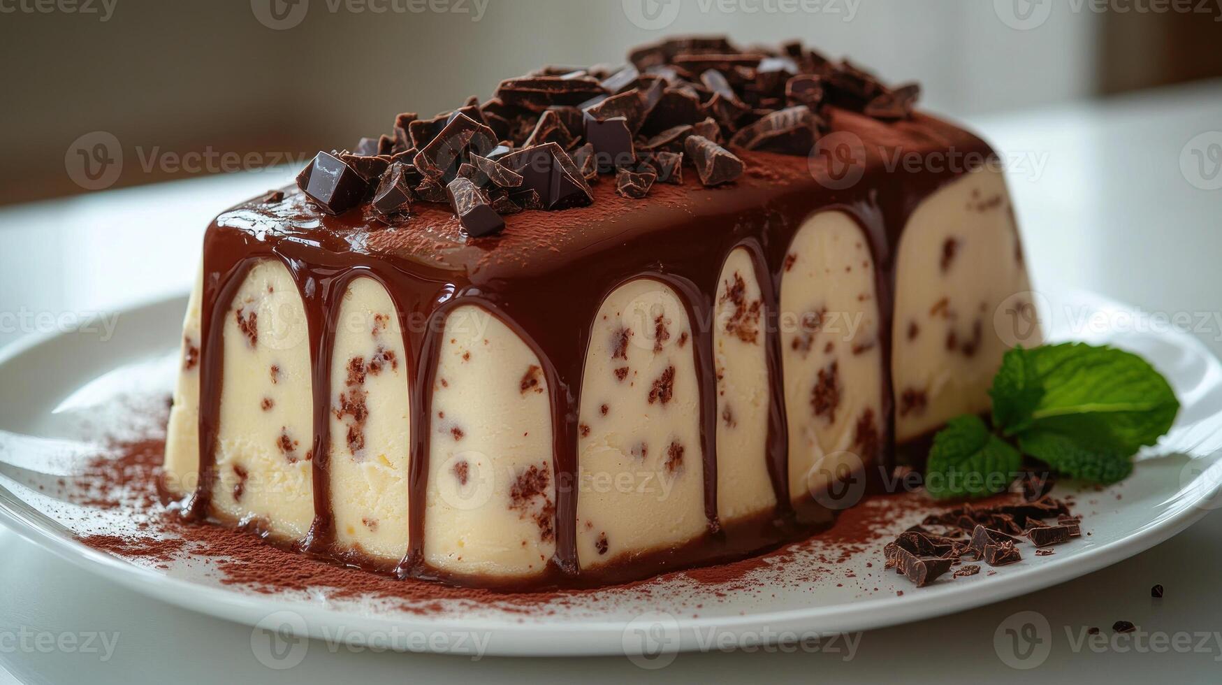 A delicious dessert with layers of chocolate mousse, shavings, and a mint garnish photo