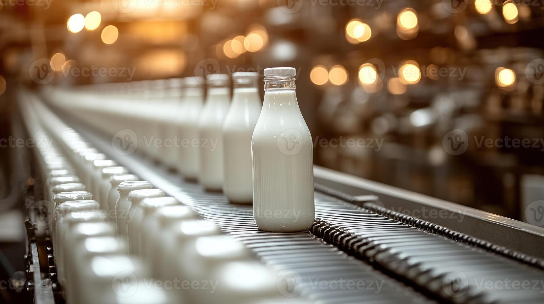 Glass bottles of milk glide down a conveyor belt in a dairy factory photo