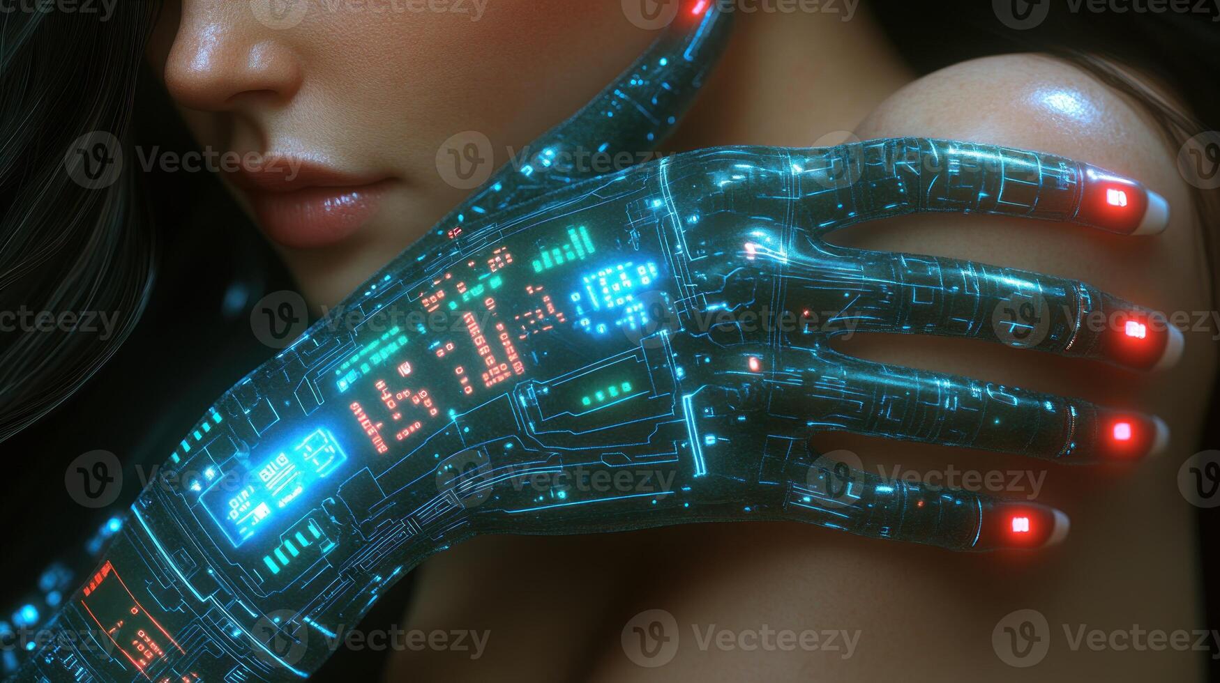 A close-up shows a figure touching their glowing cybernetic hand with vibrant lights photo
