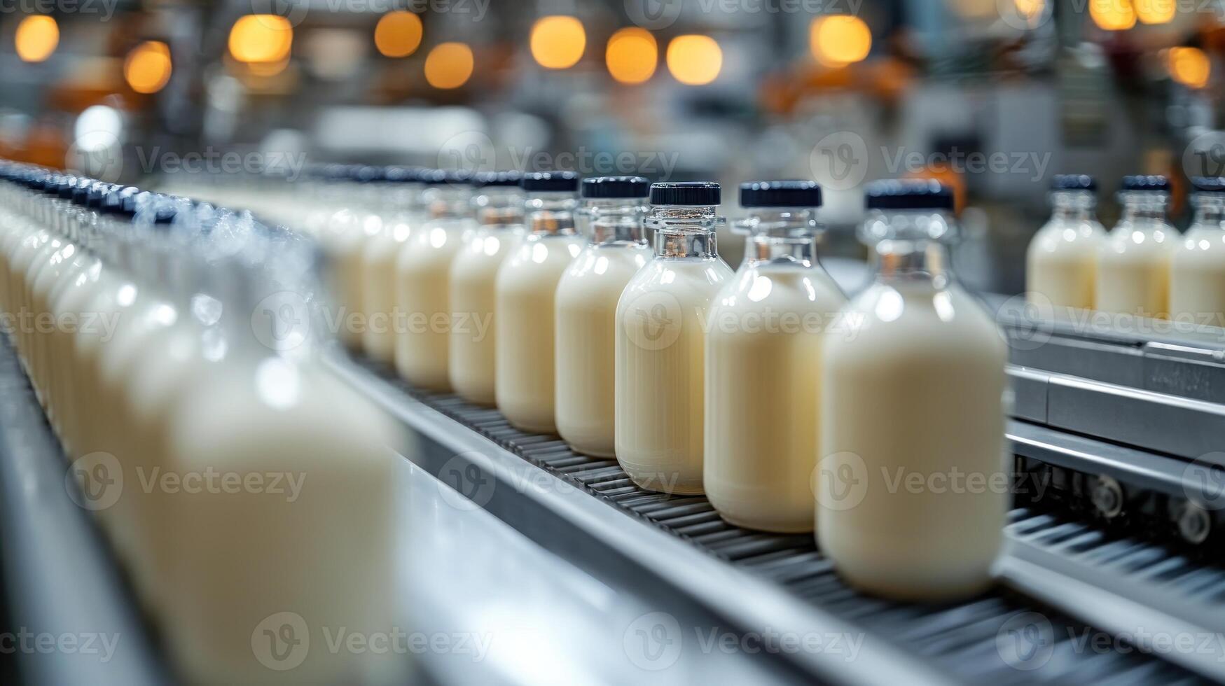 Fresh milk bottles are being transported on a conveyor belt in a busy dairy processing plant photo