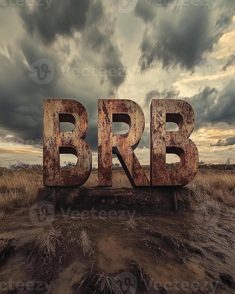Illustration of BRB in metallic letters on a moody landscape background photo