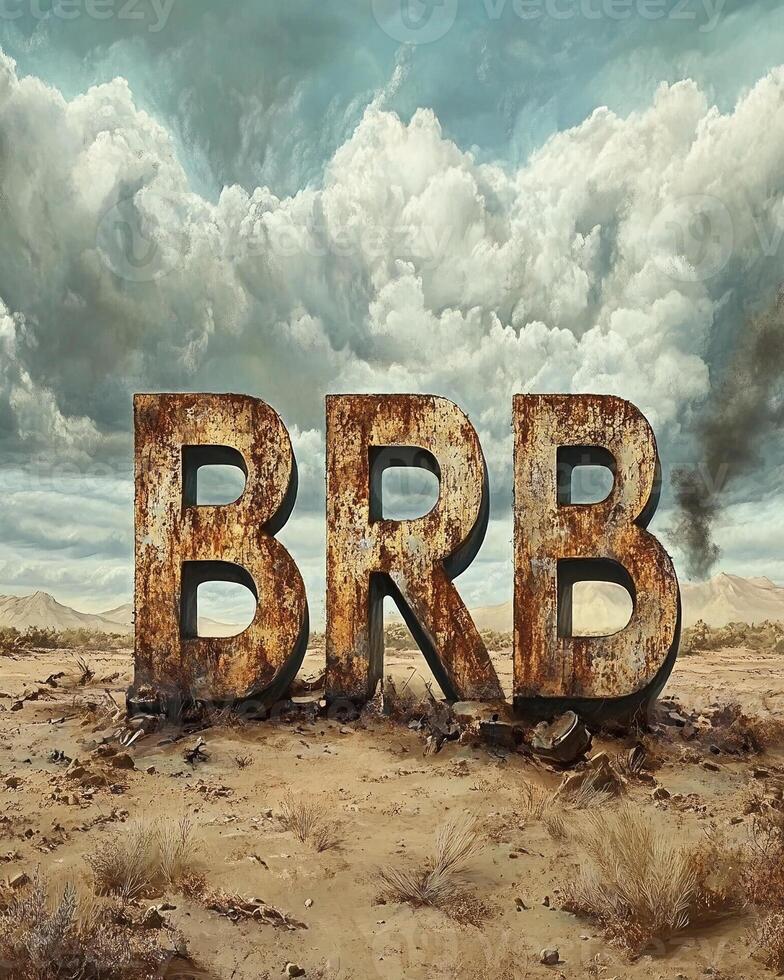 Illustration of BRB in rustic metallic letters on a moody landscape and cloudy weather background photo