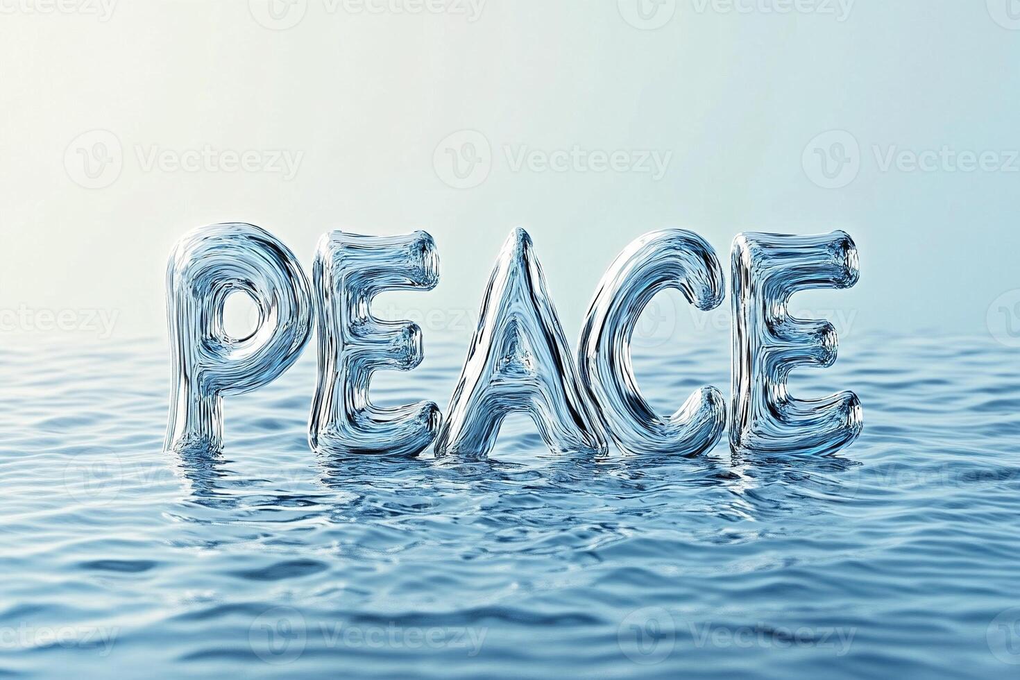 Illustration of liquid typography PEACE formed from water letters floating on a serene surface photo
