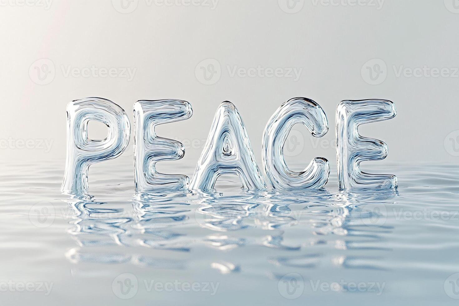 Illustration of 3d PEACE formed from water letters floating on a serene surface liquid typography photo