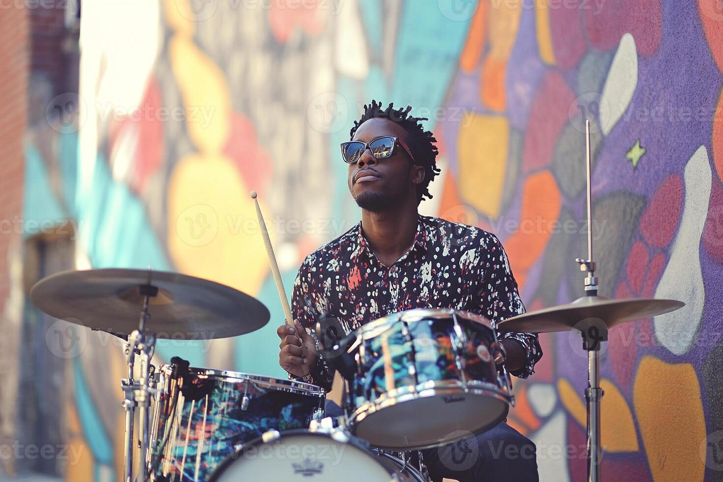 Street drummer playing a vibrant set in front of colorful graffiti wall photo