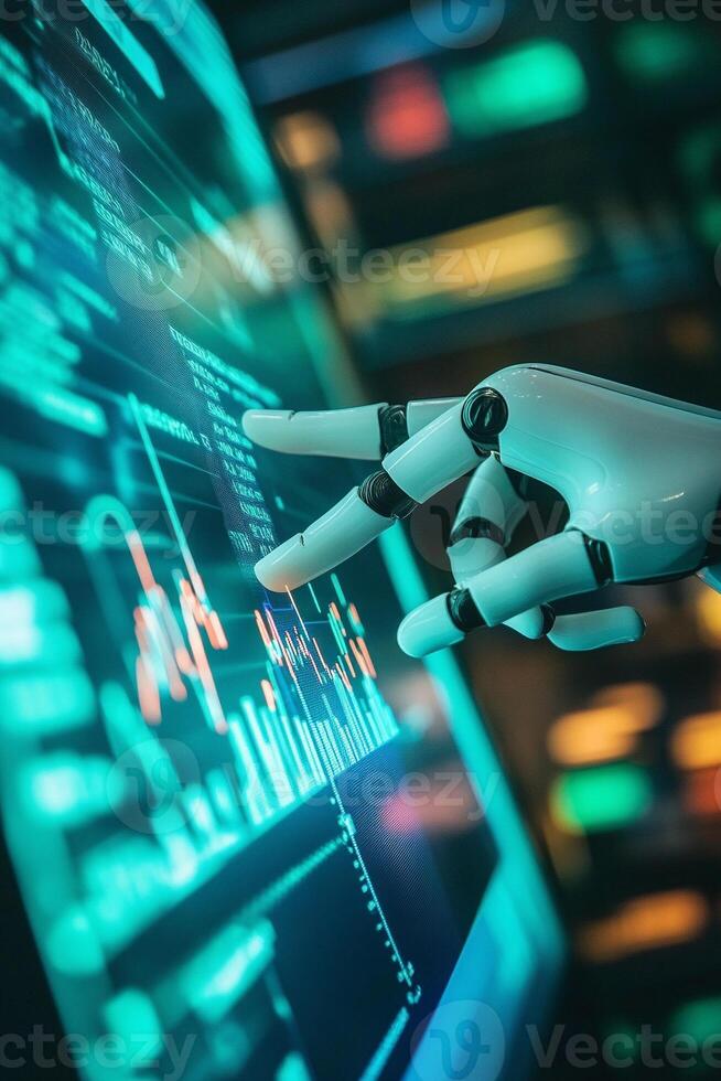Robotic hand interacting with futuristic data analysis touchscreen photo
