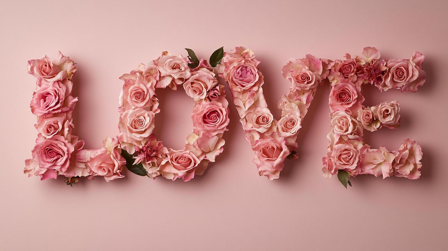 Floral typography spelling LOVE with pink and blush roses arranged on a soft pink background for valentine photo