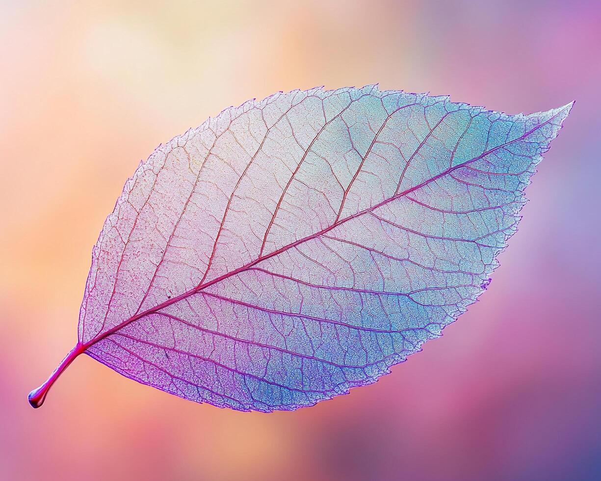Macro image of translucent autumn leaf with intricate vein patterns and warm gradient background photo