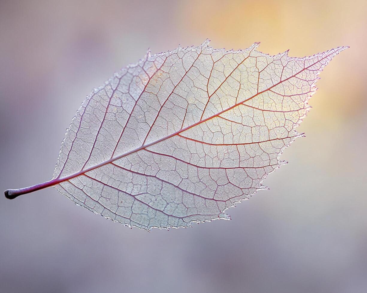 Macro of a translucent autumn leaf with intricate vein patterns and warm gradient background photo