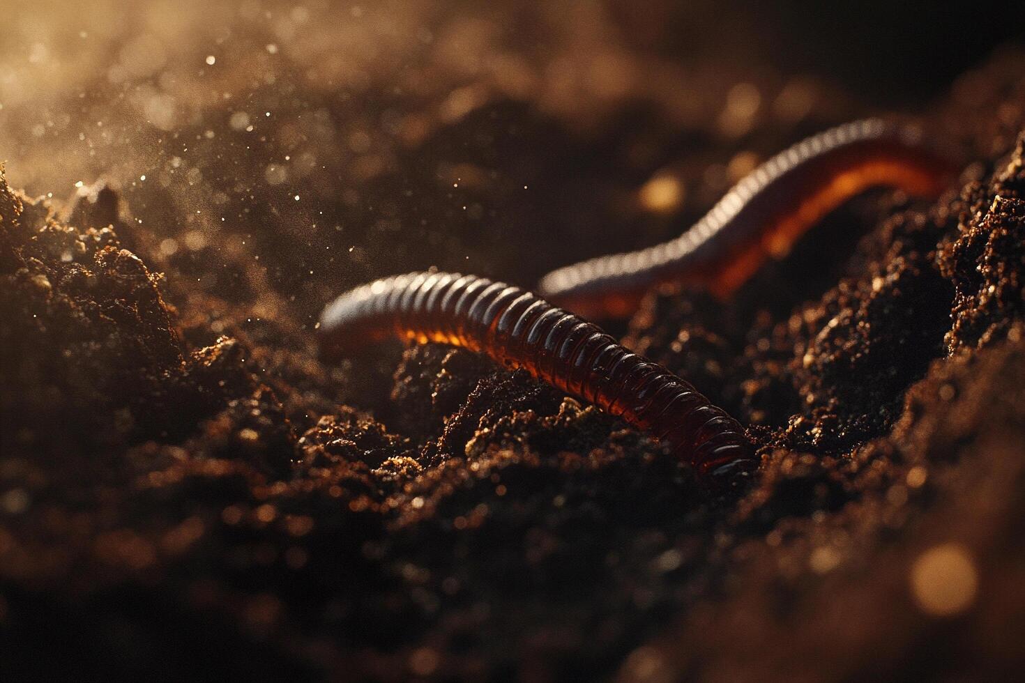 Macro of earthworm in soil with dramatic lighting photo
