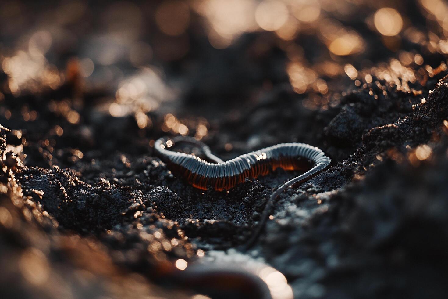 Macro of an earthworm in soil with dramatic lighting photo