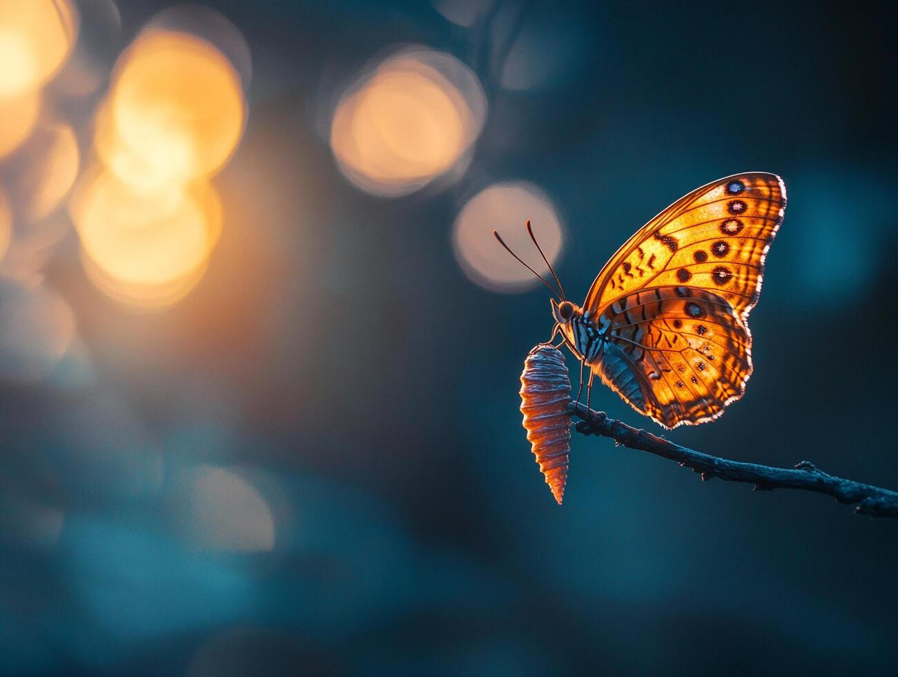 Macro photograph of butterfly emerging from its chrysalis on a branch with soft glowing bokeh background photo