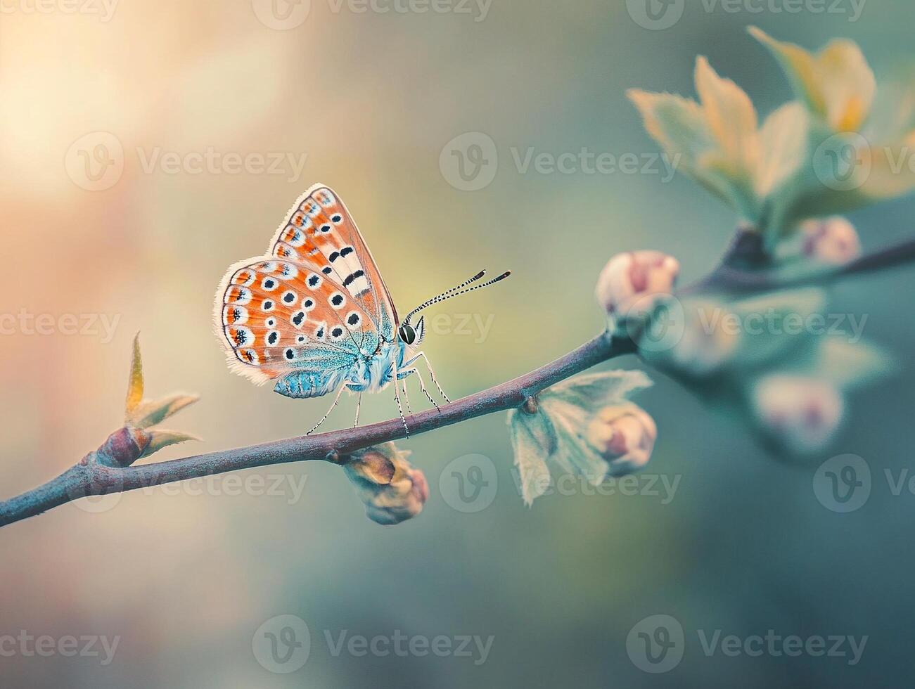 Macro photograph of butterfly emerging from its chrysalis on branch with soft glowing bokeh background lights photo