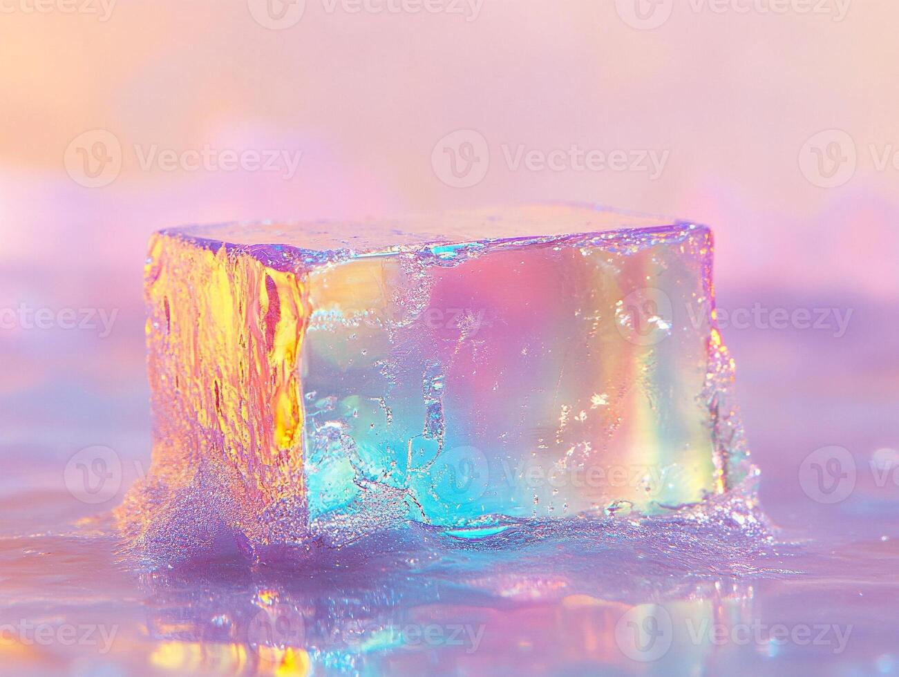 Macro melting transparent ice cube refracting vivid rainbow colors against a gradient pastel background photo