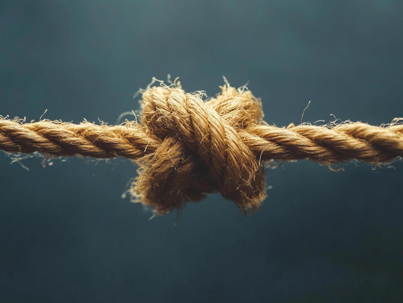 Macro photography of frayed rope tied in a delicate knot against a textured blue background highlighting rustic strength and resilience photo